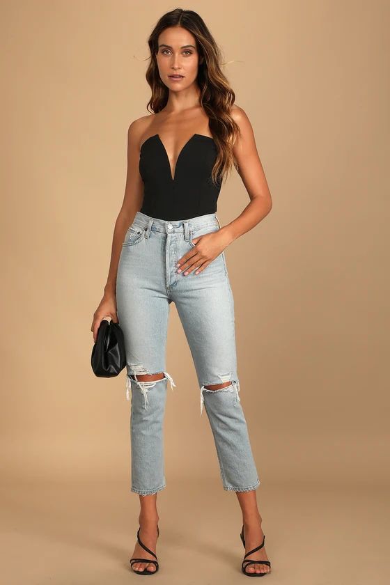 Babe Alert Black Notched Strapless Bodysuit | Lulus