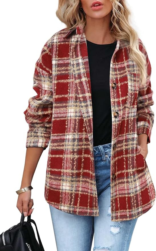 Beaully Women's 2025 Fall Clothes Plaid Shacket Jacket Long Sleeve Button Down Flannel Shirts Fas... | Amazon (US)
