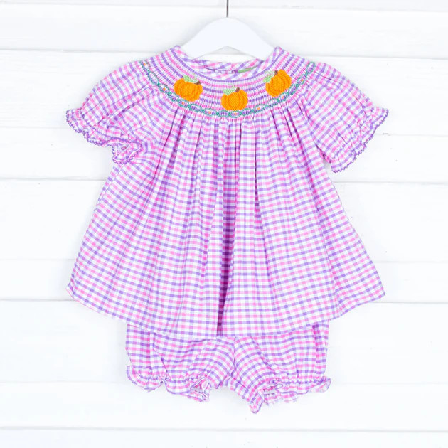 Smocked Pumpkin Pink and Purple Gingham Bloomer Set | Classic Whimsy