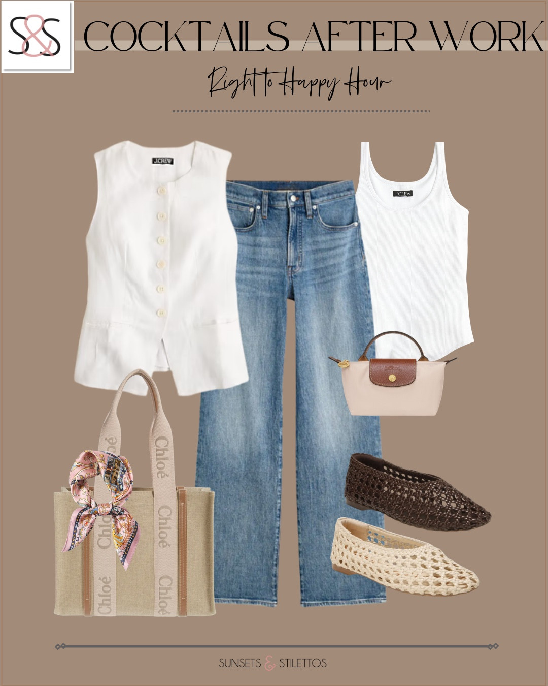 An easy outfit for cocktails after work. Classic denim, a polished vest, and neutral accessories that take you straight from the office to happy hour.

cocktails after work outfit, happy hour outfit ideas women, casual chic evening outfit, wide leg jeans outfit women, neutral accessories outfit, spring evening outfit ideas, effortless polished style, casual work to dinner outfit

#LTKWorkwear #LTKOver40 #LTKSeasonal