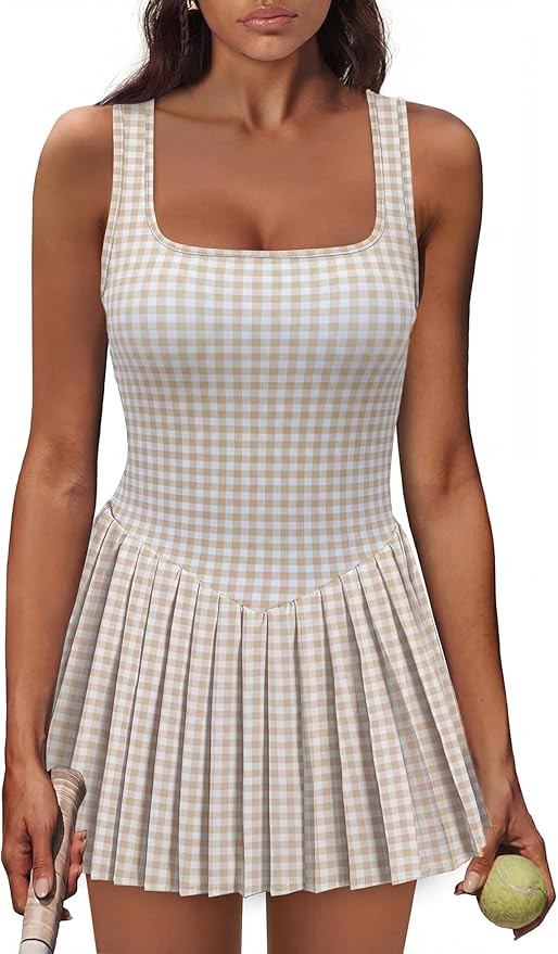 Athletic Dress for Women Built in Shorts U Neck Womens Tennis Dress Pleated with Pockets Sleevele... | Amazon (US)