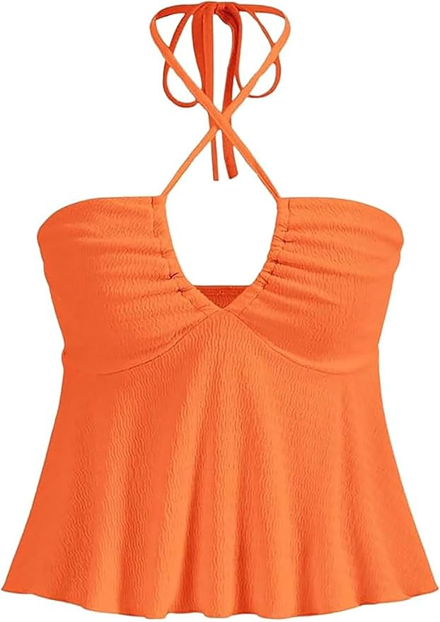 Women Sexy Floral Self Tie Crisscross Halter V Neck Sleeveless Strapless Backless Ruched Ruffle S... | Amazon (US)