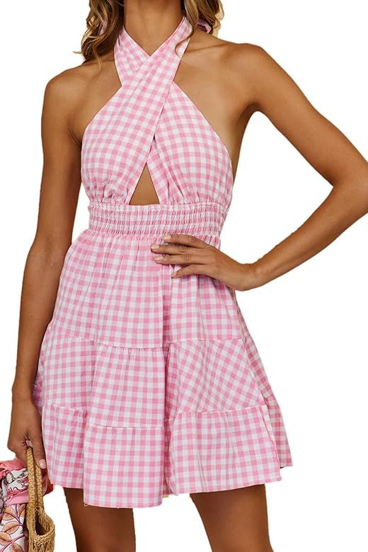 FFLMYUHUL I U Women's Halter Mini Dress Floral Print Lace Up Backless Beach A-line Pleated Mini Swin | Amazon (US)