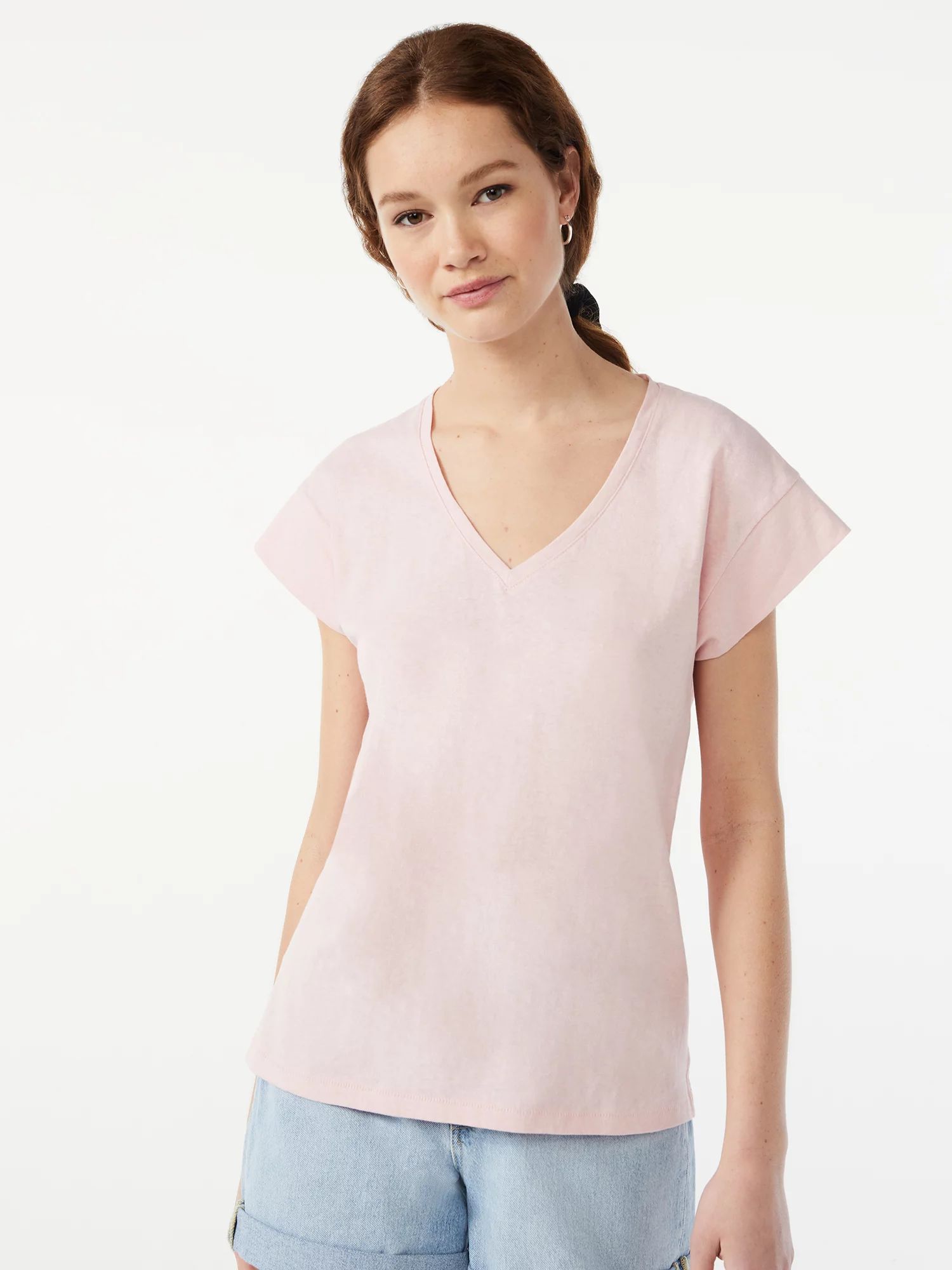 Free Assembly Women's V-Neck Tee with Square Sleeves - Walmart.com | Walmart (US)