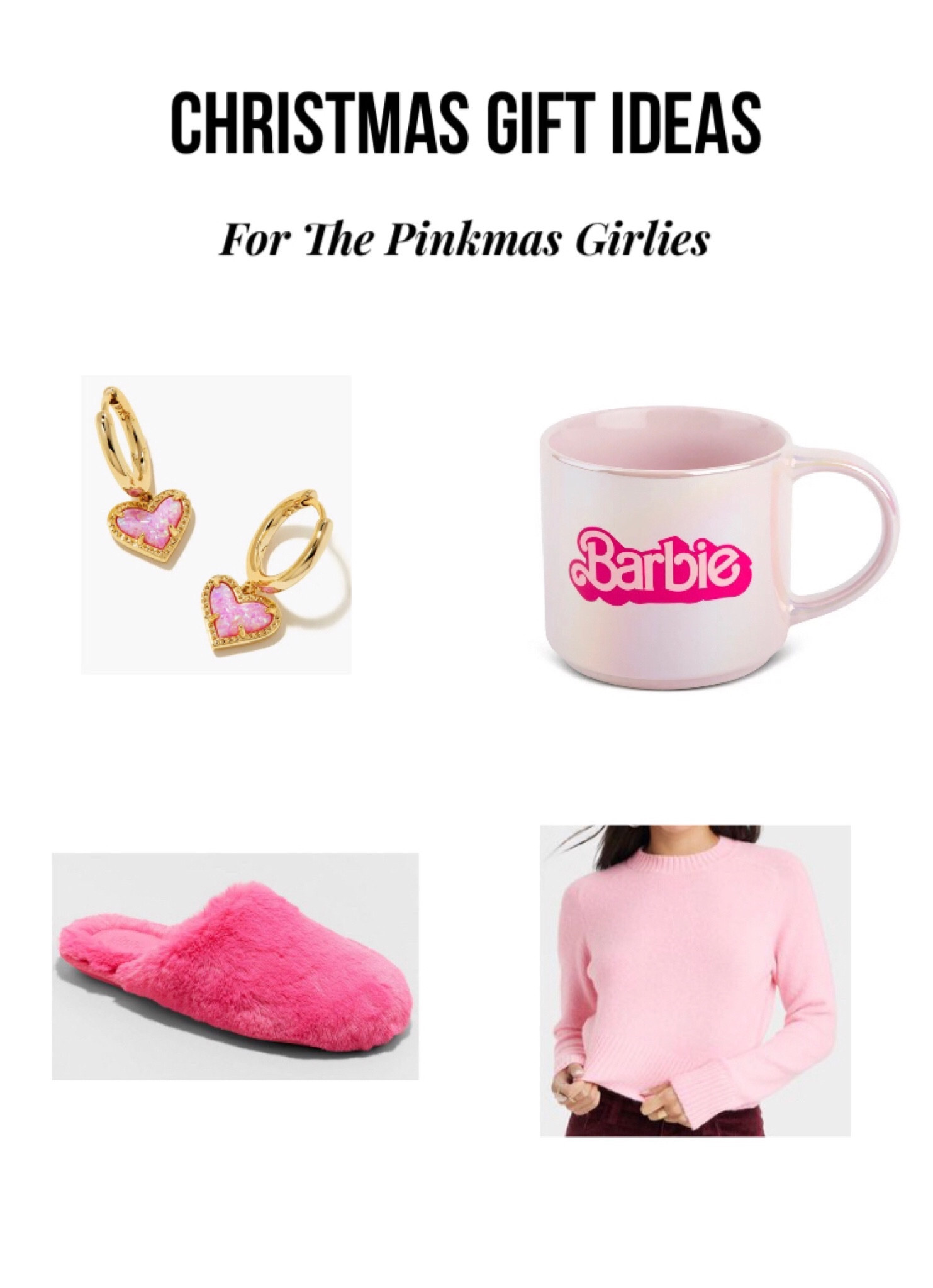 Christmas gift ideas, pinkmas edition!!! #christmasgifts #christmasgiftideas #barbie #barbiemerch #barbiecup #target #kendrascott #kendrascottearrings #pinkslippers #pinksweater #pinkheartearrings #heartearrings #giftideas
