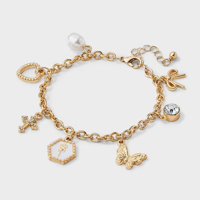 Girls' Charm Bracelet with Hearts, Bow and Cross Charms- art class™ | Target