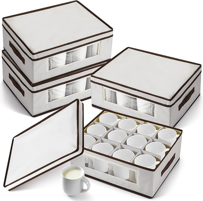 Uiifan 4 Pcs Mug Storage Box with Dividers 12 Compartment Stemware Storage Cases China Container ... | Amazon (US)