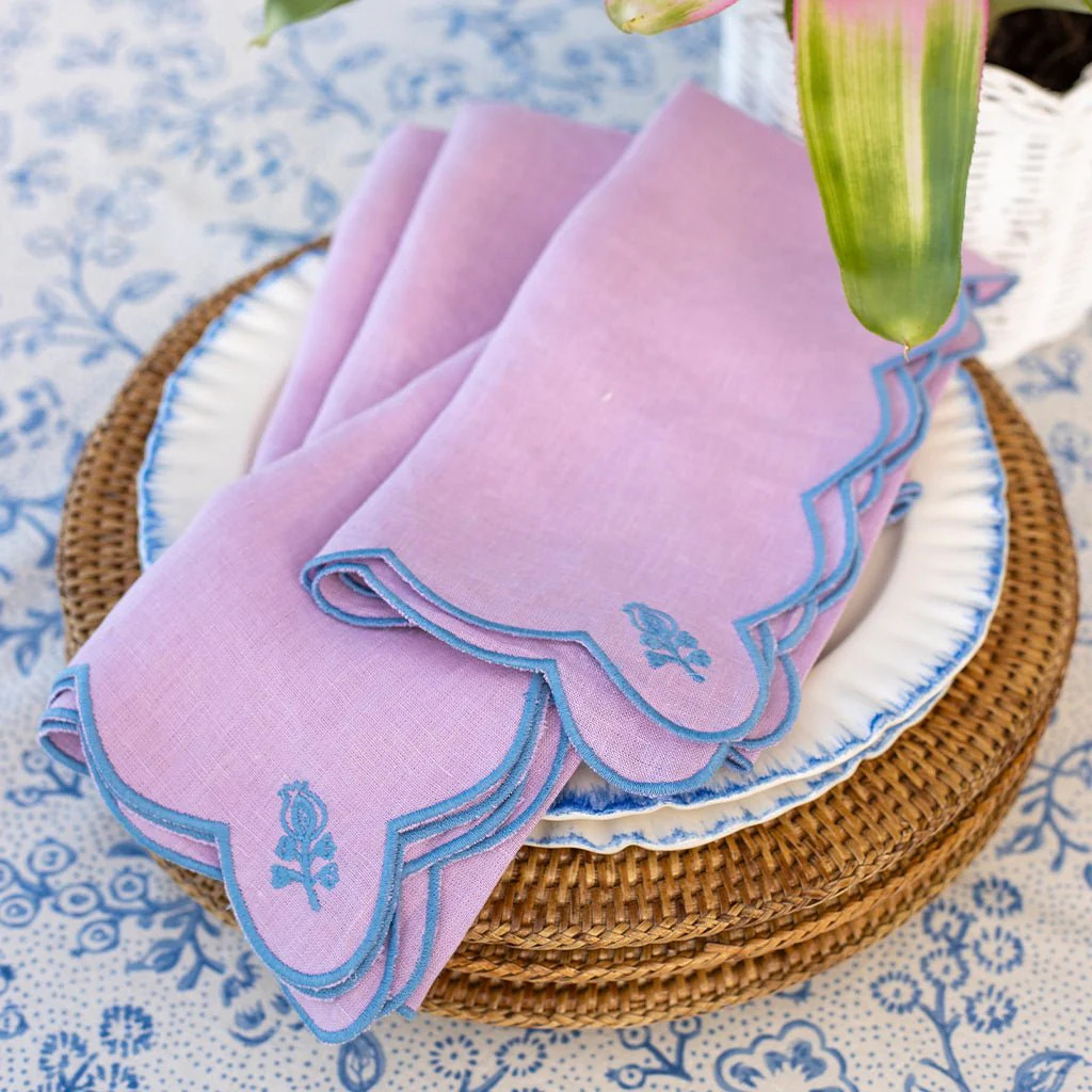 Scalloped Embroidered Buti Linen Table Napkins | Elegant Set of Four | Pomegranate
