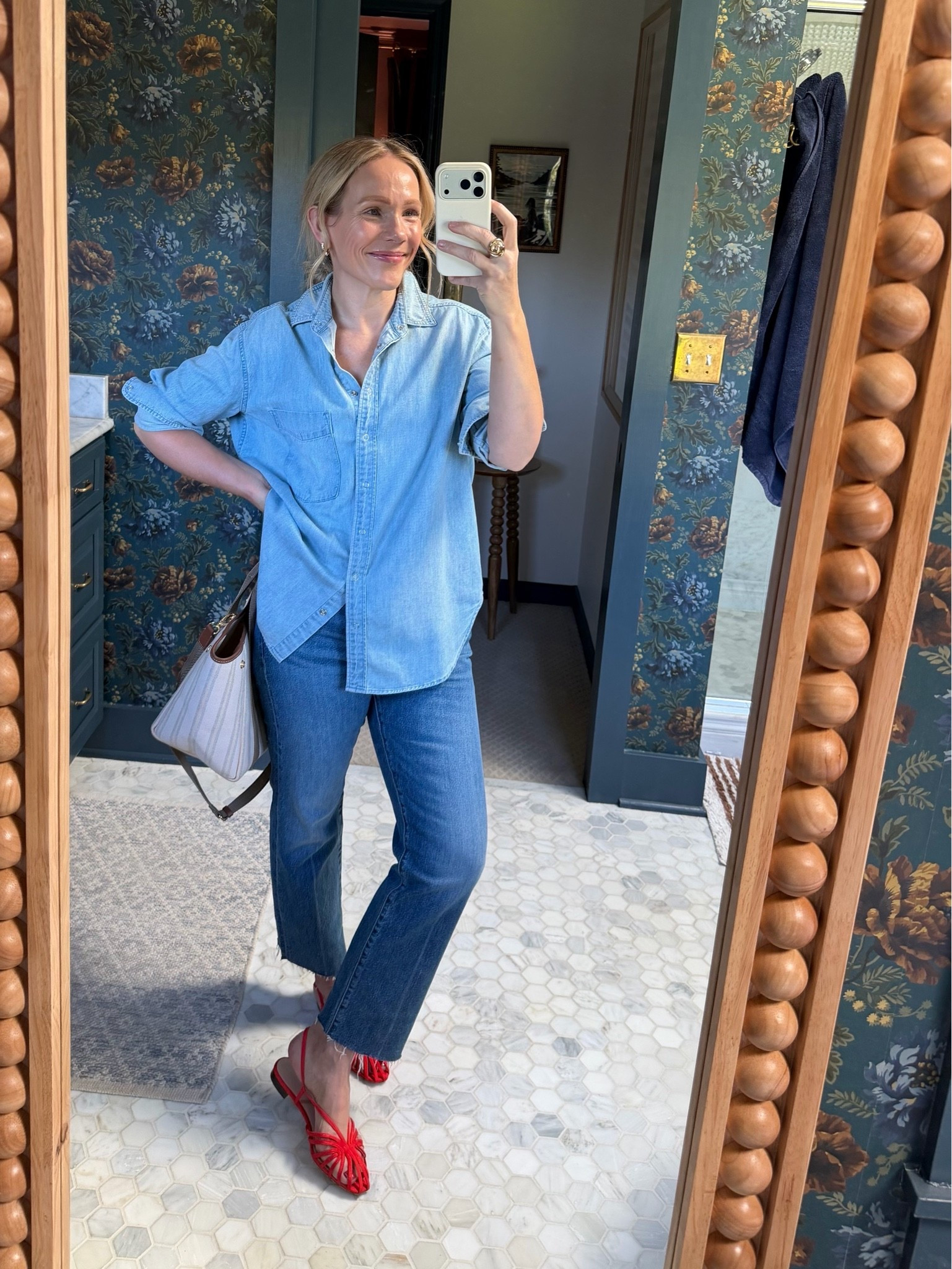HI! The only (and best!) chambray, I own it in both colors. A generous fit but not oversized so I take my regular size small. I sized up one in the jeans for an easy fit and wearing a short length (I'm 5'3") Jenny Bird Ring is on sale this weekend and grab the matching earrings, absolutely gorgeous in person. Electric Picks earrings. Rue Du Verneuil tote is a classic! xo, Claire

#LTKootd #LTKOver40 #LTKPetite