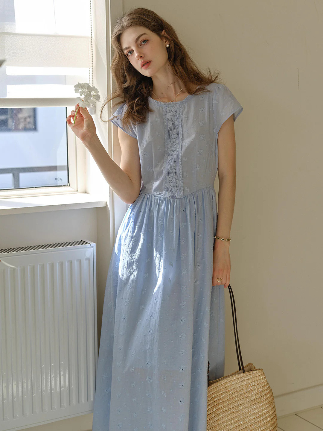 Malia Round Neck Lace Embroidered 100% Cotton Dress | Simple Retro