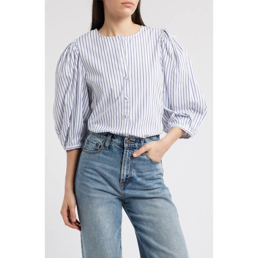 Madewell Puff-Sleeve Button-Up Top in Stripe in Dark Blue White Stripe at Nordstrom, Size 2 | Nordstrom