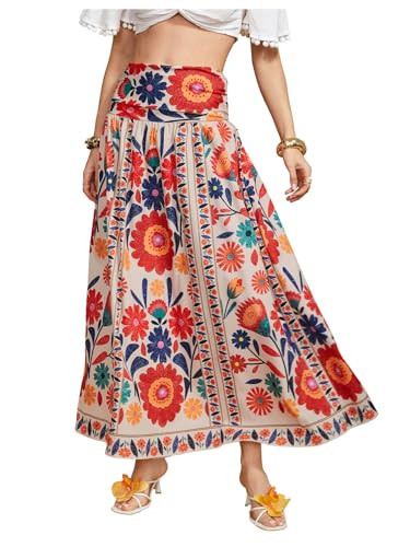 Verdusa Women's Boho Floral Print Maxi Skirt Shirred High Waisted A Line Flowy Long Skirts | Amazon (US)