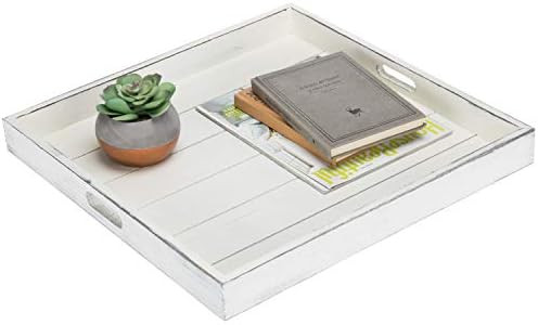 MyGift Vintage White Wood Large Ottoman Tray for Living Room, 19-Inch Square Serving Tray with Ha... | Amazon (US)
