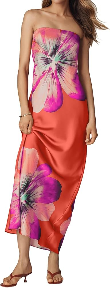 Women Floral Maxi Dresses Strapless Bodycon Tube Long Dress Sexy Sleeveless Retro Summer Cocktail... | Amazon (US)