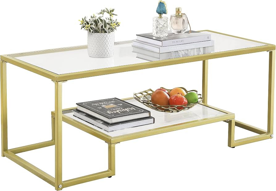 Alohappy Glass Coffee Table Modern Rectangular Coffee Table with 2-Tier Storage Shelf and Sturdy ... | Amazon (US)