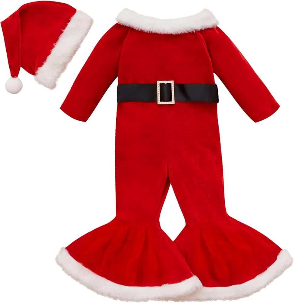 Baby Girl Christmas Clothes Set Long Sleeve Bell Bottom Bodysuit Velvet Xmas Santa Claus Costume Out | Amazon (US)