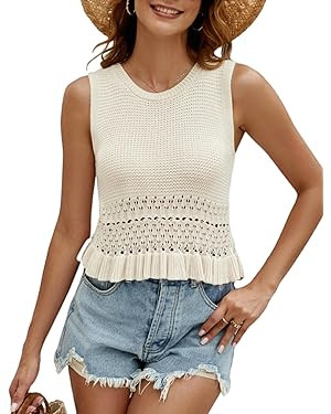 VIMPUNEC Womens Summer Crop Tank Tops Cute Knit Sweater Vest Crochet Sleeveless Pullover Top | Amazon (US)