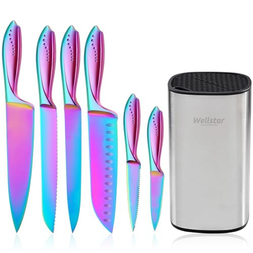 WELLSTAR Rainbow Knife Set - 7-Piece Iridescent German High-Carbon Stainless Steel Kitchen Knives with Universal Knife Block, Colorful Kitchen Cutlery for Cooking and Food Prep | Amazon (US)