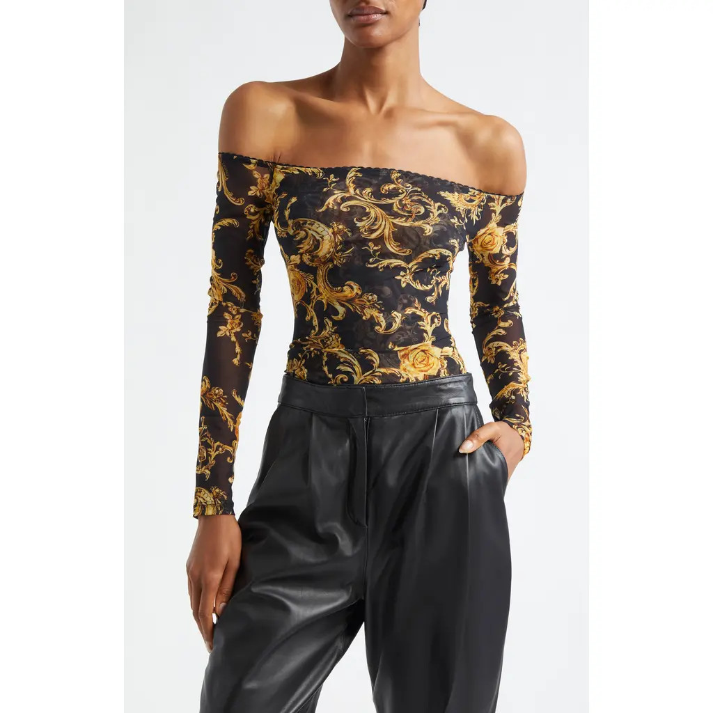 L'AGENCE Peonie Off the Shoulder Mesh Bodysuit in Black/Gold Barocco Swirl at Nordstrom Rack, Size Medium | Nordstrom Rack