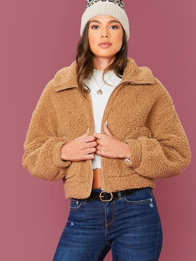 SHEIN Zip Up Solid Teddy Jacket | SHEIN