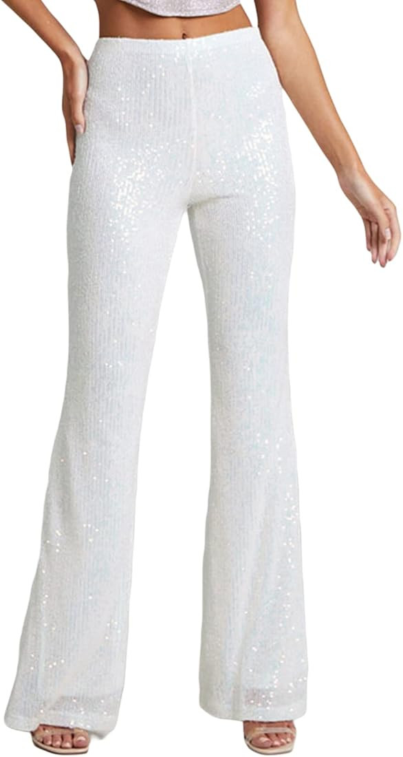 Women Sequin Flare Pants High Waisted Wide Leg Sparkle Pants Party Club Night Out Shiny Bell Bott... | Amazon (US)