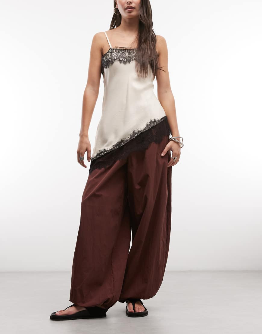 ASOS DESIGN cotton nylon blend pull-on balloon pants in brown | ASOS (Global)