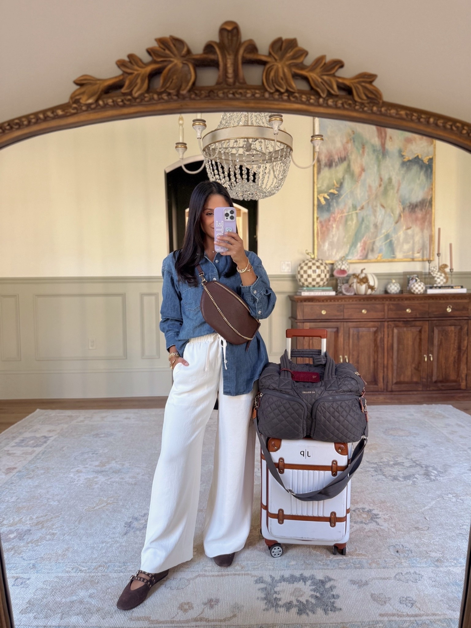 Obsessed with these crepette pants from @aritzia that don’t wrinkle! I now have them in 3 colors! Wearing sz small here and got them hemmed to wear with flats. 
Wearing sz XS in the denim shirt. Both on sale! 

Also, take 20% OFF my Beck sling bag with code: HAUTE20

#LTKSaleAlert #LTKootd