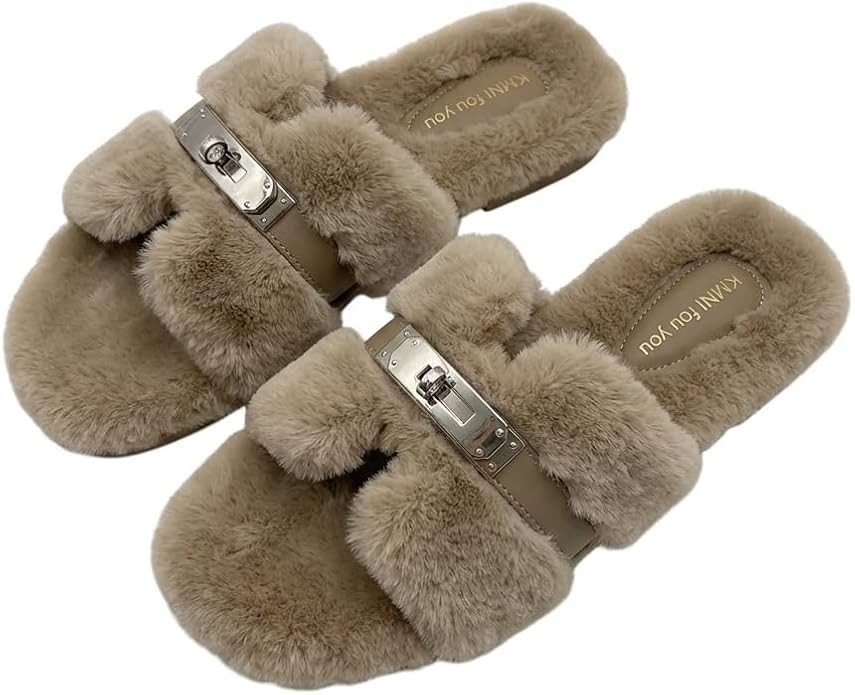 Women Faux Fur Slides Lock Buckle Sandals Fuzzy Open Toe Slippers Chic Elegant Plush Flat Shoes I... | Amazon (US)