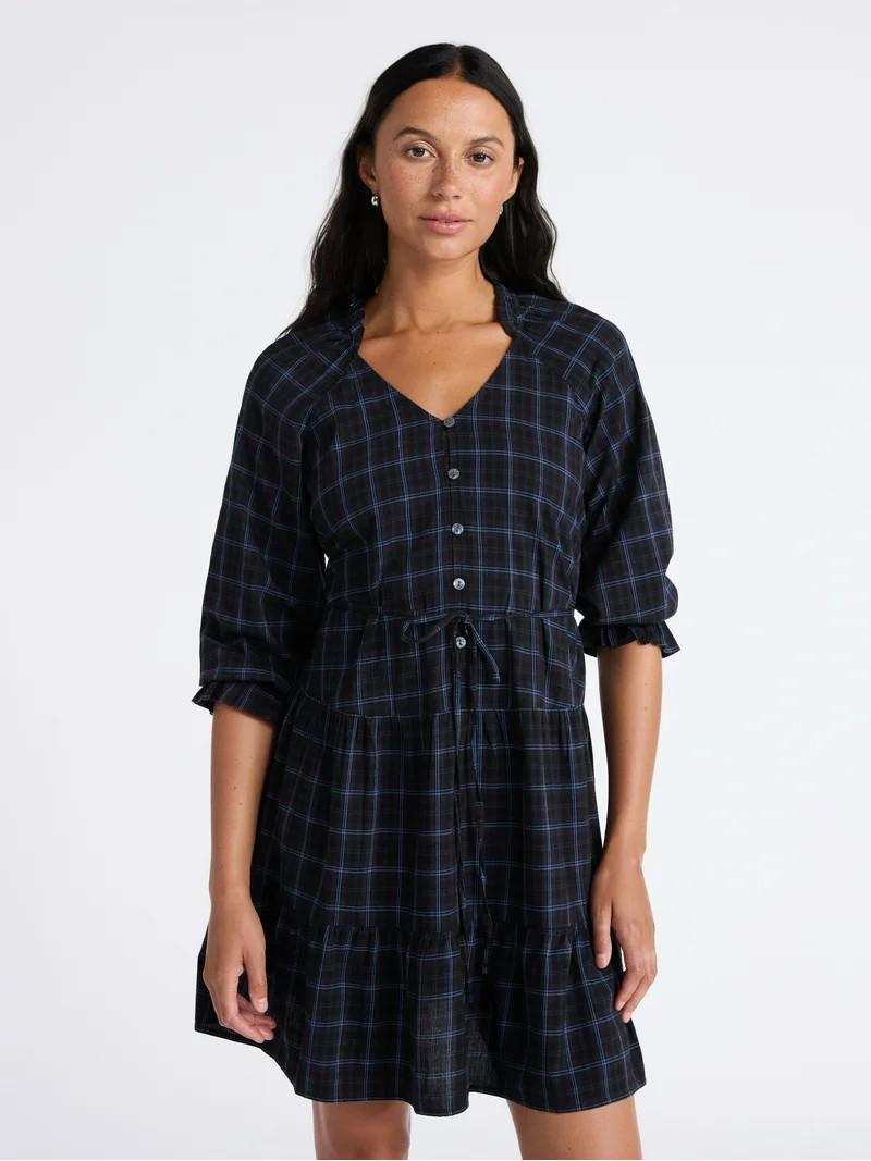 Time and Tru Women's Ruffle Neck Tiered Mini Dress, Sizes XS – XXXL - Walmart.com | Walmart (US)