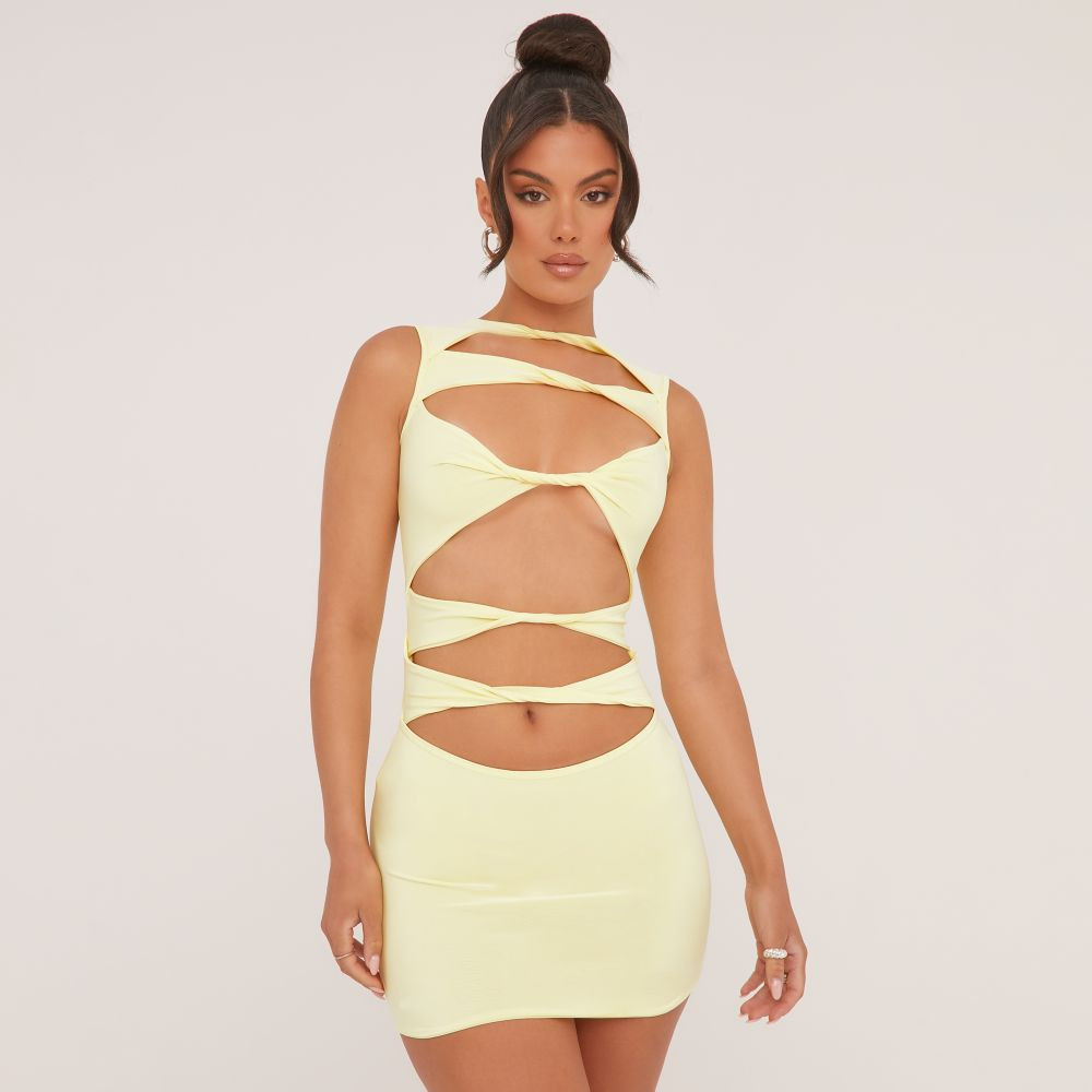 Sleeveless Twist Cut Out Front Mini Bodycon Dress In Pastel Yellow Slinky | EGO Shoes (US & Canada)