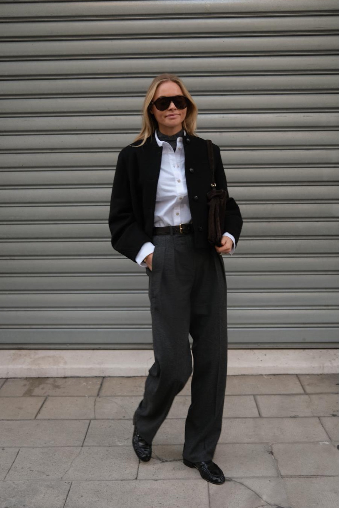 Black wool jacket | White shirt | Grey tailored trousers | Aviator sunglasses | Loafers

#LTKeurope #LTKspring #LTKuk