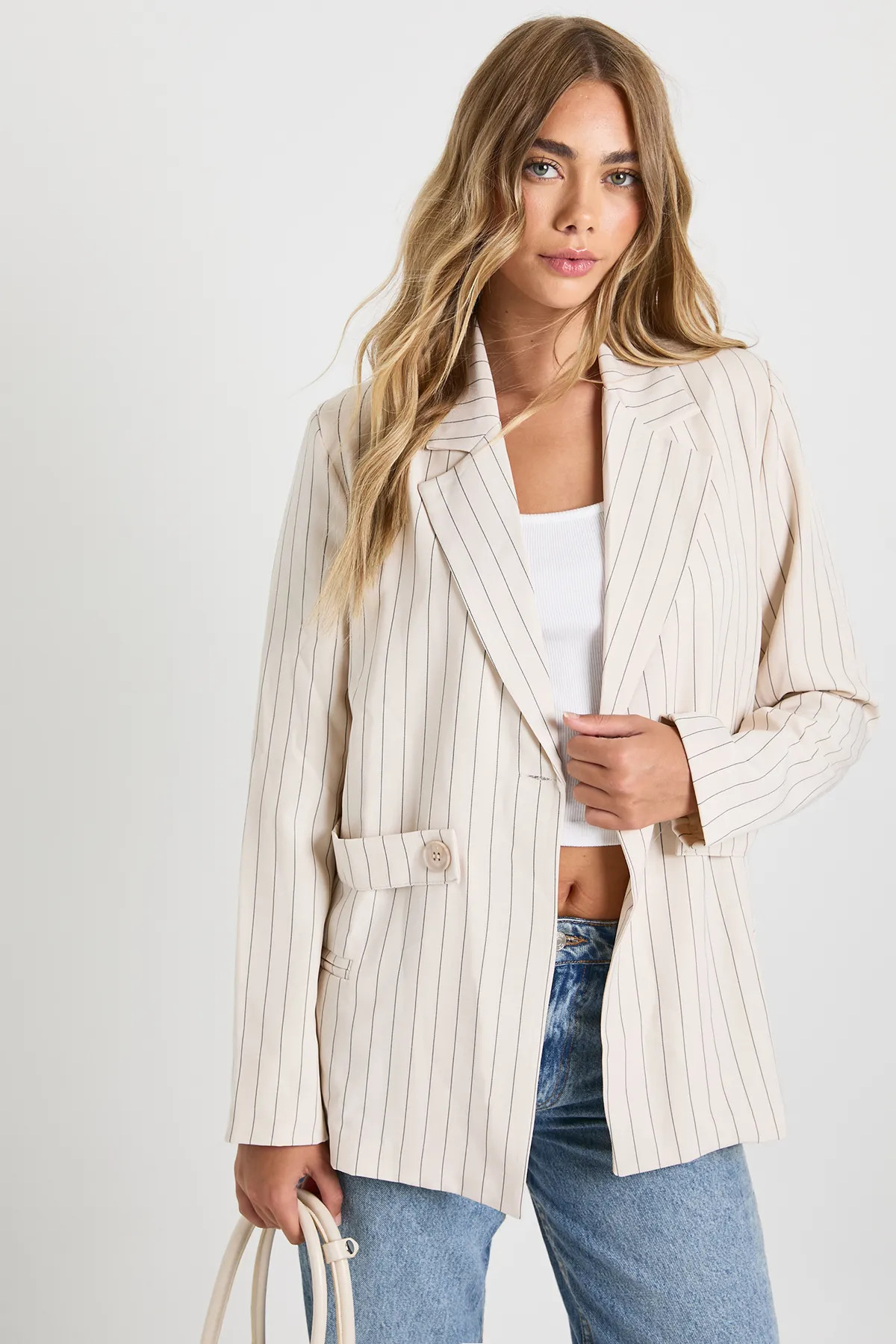 Pinstripe Button Detail Oversized Blazer | Boohoo.com (UK & IE)