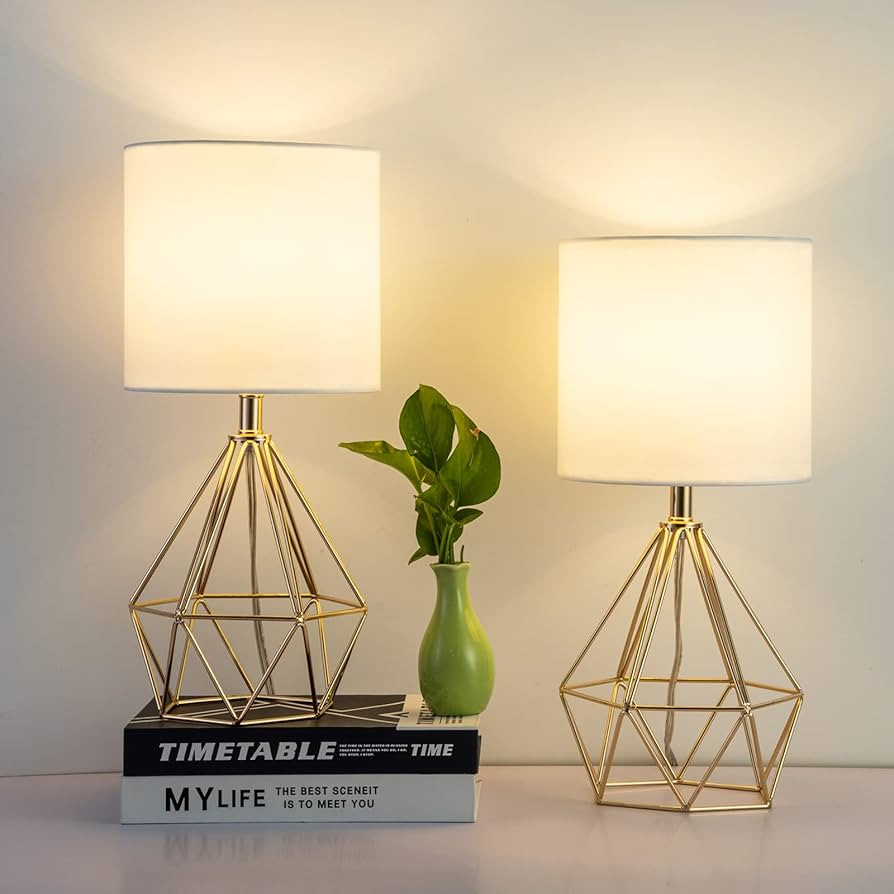 SOTTAE Set of 2 Living Room Bedroom Small Gold End Table Lamp,Bedside Nightstand Lamp with Geomet... | Amazon (US)