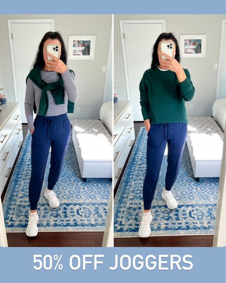 50% off my FAVORITE joggers, just restocked!! I own these pants in 6 colors!They’re extremely comfy, and I feel like this style allows you to look put together while running errands, at school pickup, etc. The long sleeve striped top I paired them with is on sale as well and the green crewneck is under $30. An easy, everyday casual look. 

Sizing:
Crewneck sweatshirt: Fits TTS. I’m wearing a small with plenty of room for comfort.
Striped Top: Fits TTS. I’m wearing XS and it is fitted. 
Joggers: Run big. I sized down to XS and they fit perfectly, even after being washed and dried.

Casual outfit, mom style, everyday ootd, comfy activewear, loungewear, lounge outfit, sale alert, Loft, Lands’ End, classic, preppy #activewear #casualstyle #momstyle #loungewear #sale 

#LTKsalealert #LTKSeasonal #LTKfindsunder50