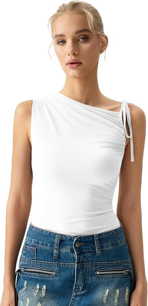 QINSEN Women's Sleeveless Tank Tops High Neck Double Lined Summer Crop Going Out Shirts | Amazon (US)
