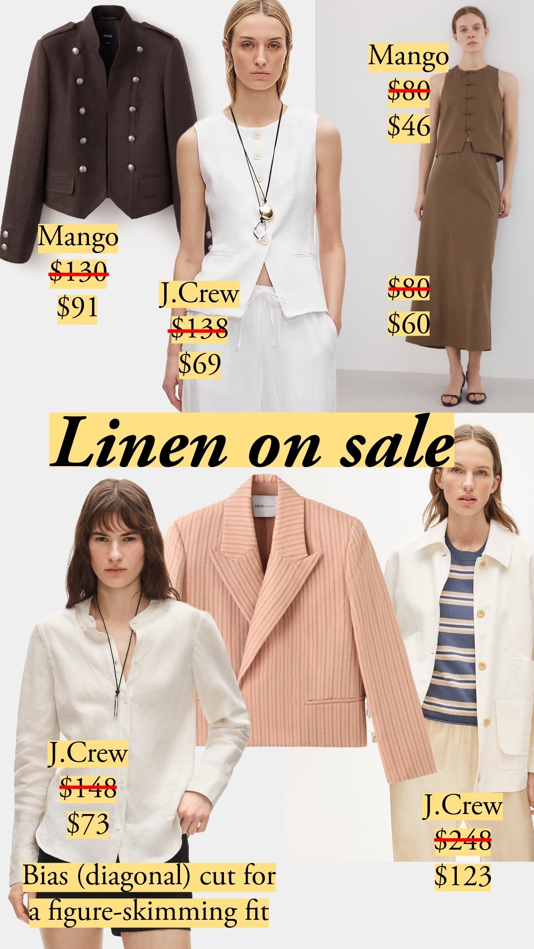 30% off J.Crew sale styles with code SHOPSALE. 30% off Mango with orders >$270 with code SALE30. The linen worth the spend uses the fabric to achieve the designs we reach for. I want to see densely woven, structured linen in Mango's 100% linen jacket with Napoleonic details. J.Crew's shirt is bias-cut on the diagonal so it skims the figure instead of clinging, same idea as most slip dresses. Watch the blends: the barn jacket reads softer than the pure-linen pieces for that languid feel juxtaposed with a utilitarian design. It does the editing for you. Not to mention: my favorite <$100 linen shirt (Banana Republic) is on sale! linen jacket, 100% linen blazer, linen vest, bias cut linen shirt, linen barn jacket, cropped linen blazer, structured linen, linen suit pants, linen shorts, neutral summer linen, quiet luxury linen, white linen shirt, J.Crew linen, Mango linen, COS linen shirt, linen on sale

#LTKootd #LTKSaleAlert