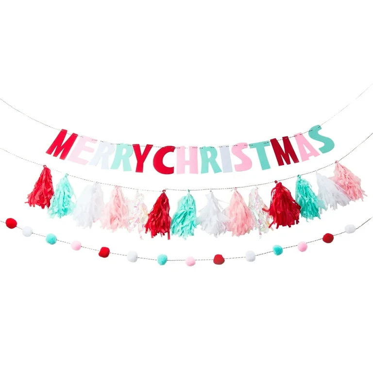 Felt Banner, Pom Pom, and Tassel Christmas Garland Combo Set, Multicolor, by Holiday Time | Walmart (US)