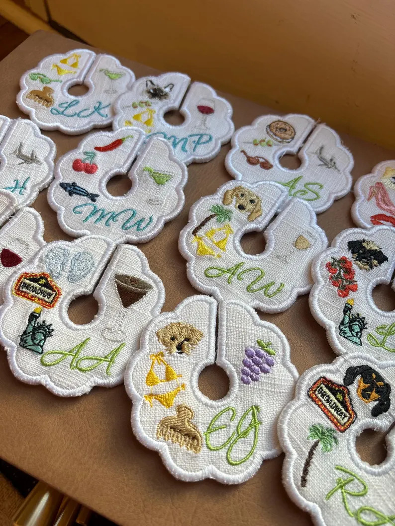 Personalized Embroidered Icons | Linen Wine Stem Tag | Cocktail Glass Markers | Custom Monogram D... | Etsy (Global)