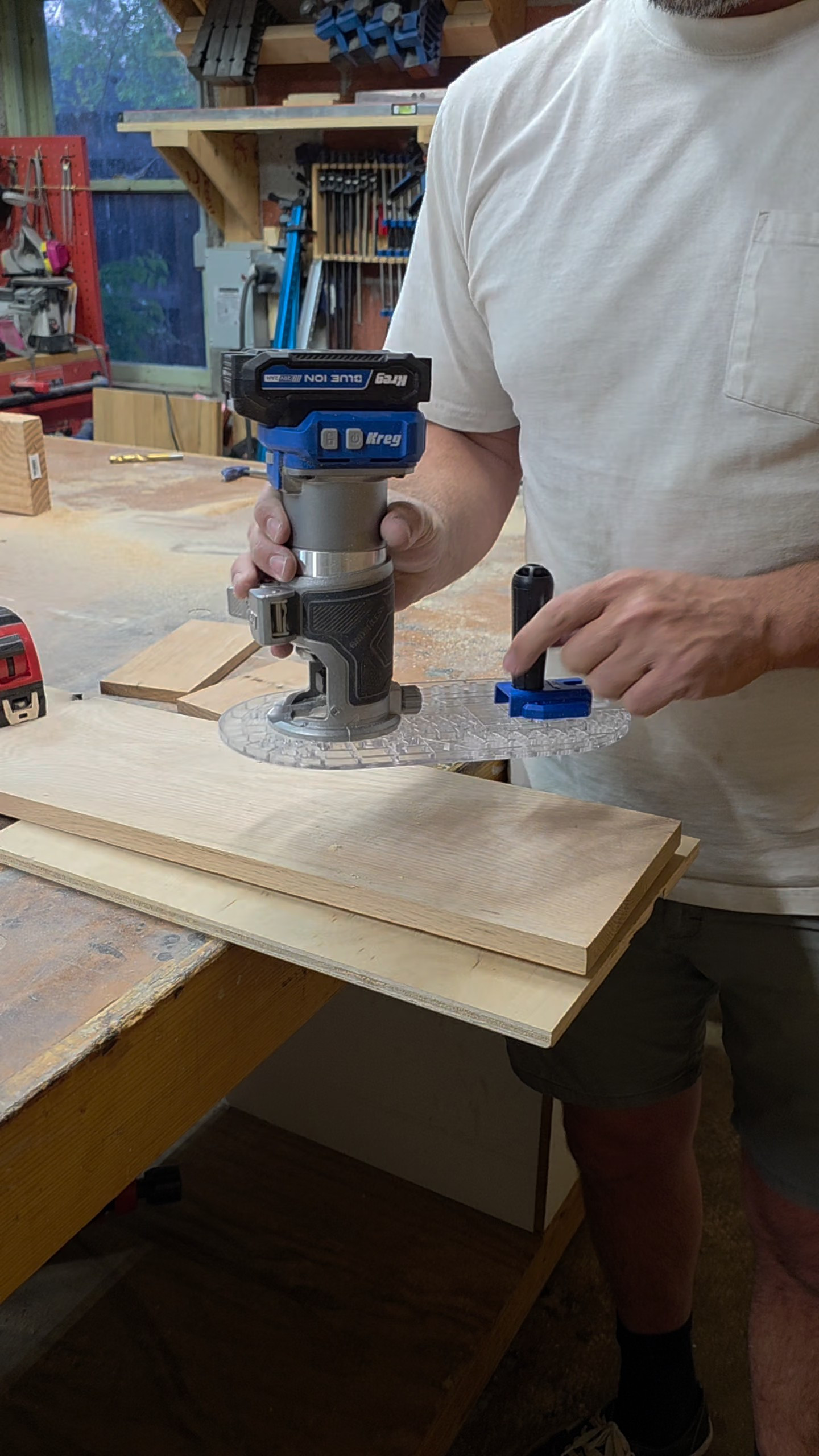 This Kreg trim router with the circle cutting base plate has been a game changer for perfect circles every single time, no more freehand guessing. It's compact enough to use one handed but still gives you clean, professional cuts on any project. #woodworking #kregtools 

 