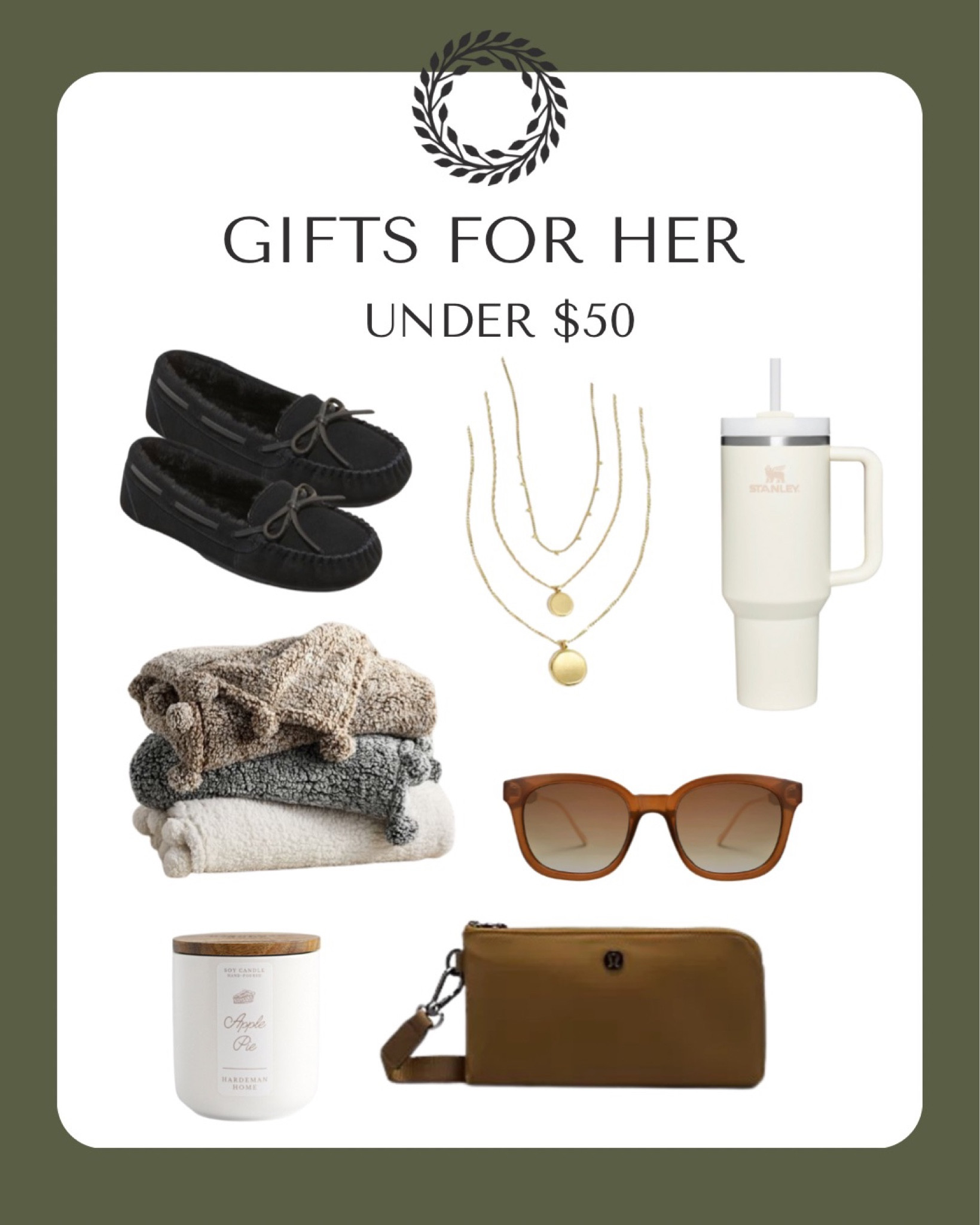 Gift guide, gifts for her, gifts under $50 throw blanket, slippers, Stanle, jewelry, sunglasses, Lululemon clutch, candles 

#LTKGiftGuide #LTKHoliday #LTKunder50