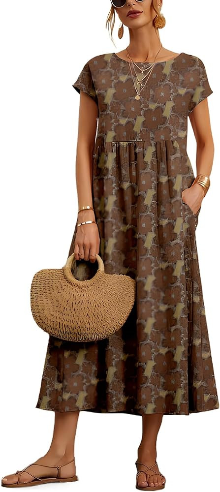 Dresses for Women 2024 Casual Summer Cotton Dress with Pockets Short Sleeve Shirt Midi Long Dress | Amazon (US)
