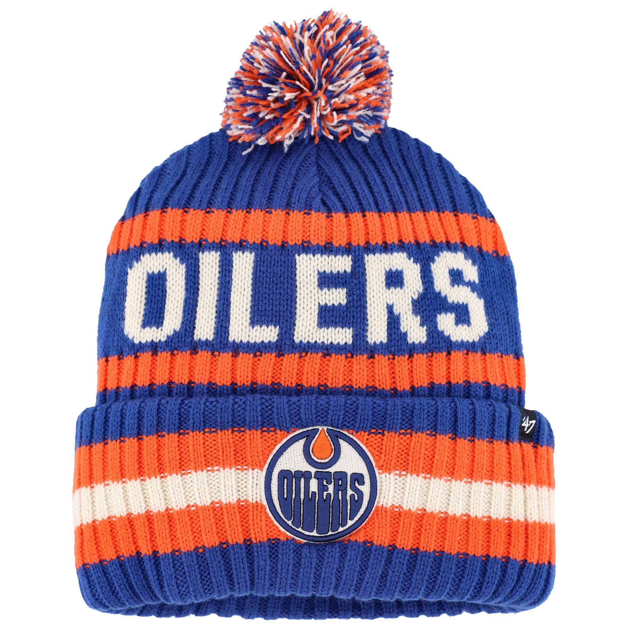 Men's '47 Royal/Orange Edmonton Oilers Bering Cuffed Knit Hat with Pom | Fanatics