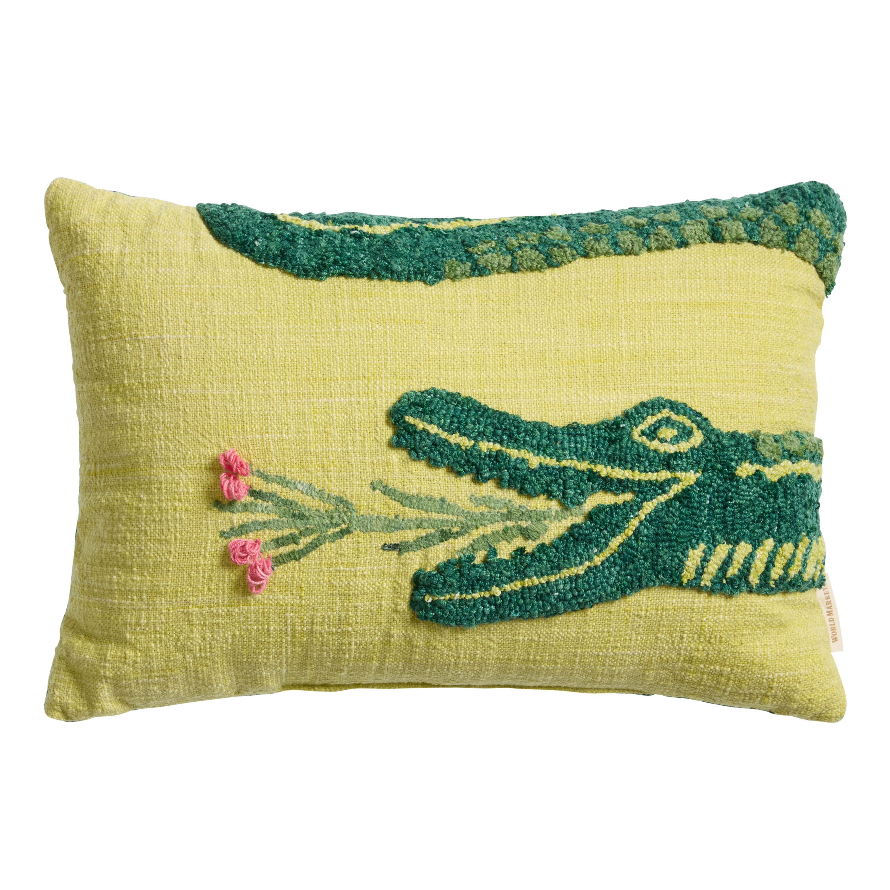 Chartreuse Crocodile Embroidered Indoor Outdoor Lumbar Pillow | World Market