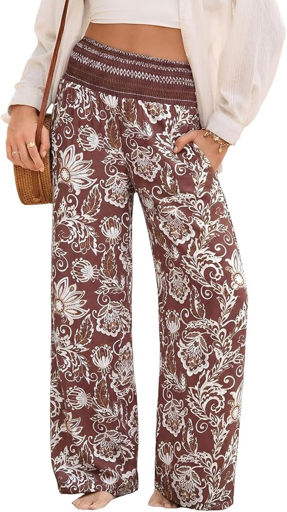 Dokotoo Women's Summer Boho Floral Bagyy Pants Wide Leg High Smocked Waist Casual Loose Palazzo P... | Amazon (US)
