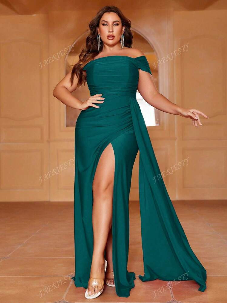 Plus Off Shoulder Draped Side Wrap Hem Dress, Elegant Formal Evening Prom Wedding Guest Gown, For... | SHEIN