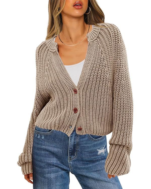 ReachMe Womens Fall Cable Knit Cardigan Chunky Button Cropped Sweaters Open Front Long Sleeve V N... | Amazon (US)