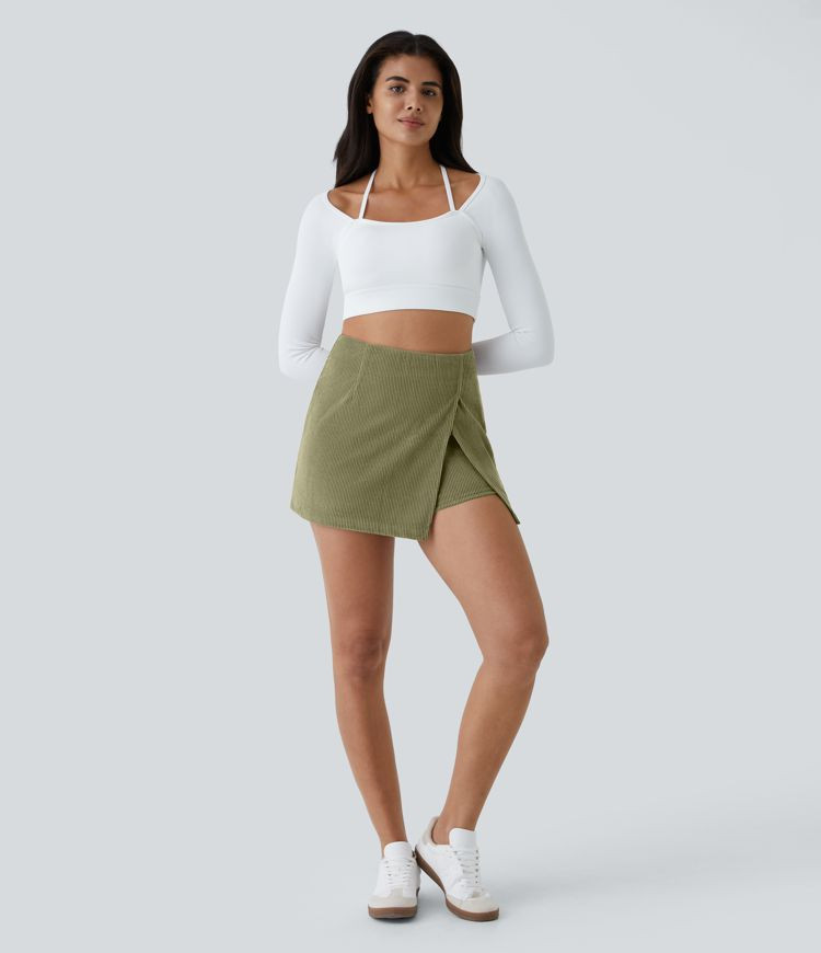 High Waisted Back Zipper Hem 2-in-1 Corduroy Casual Skirt | HALARA