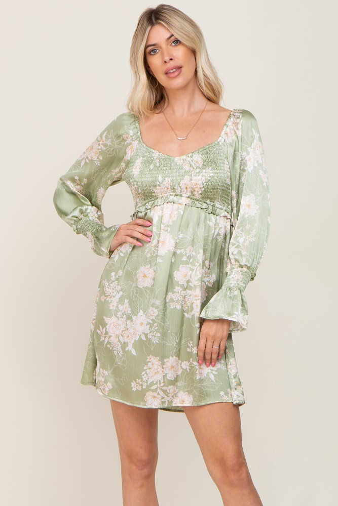 Light Olive Floral Satin Ruched Top Dress | PinkBlush Maternity