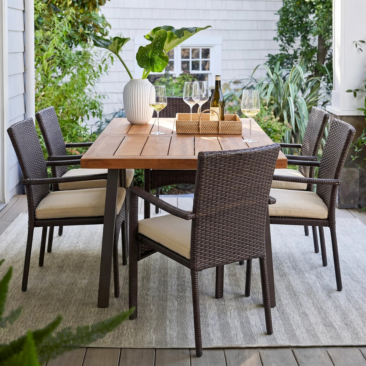 Anivea 7-Piece 6-Person Solid Teak Wood Dining Set with Cushions | Wayfair North America
