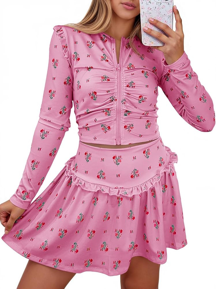 Fisoew Womens 2 Piece Outfits Floral Skort Sets Zip Up Crop Tops Mini Skirts Y2K Ruffle Vacation ... | Amazon (US)